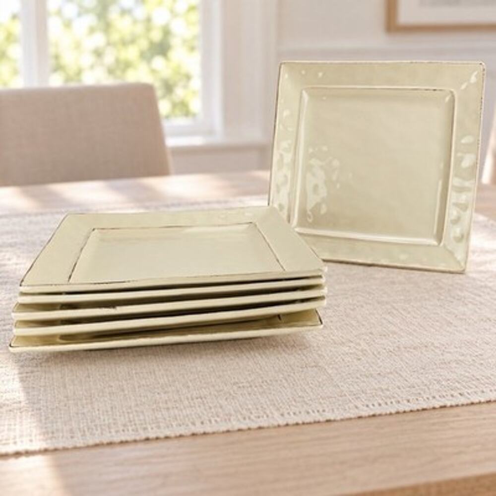 Pier 1 Martillo Creme 10” Square Dinner Plates Set of 6 Stoneware